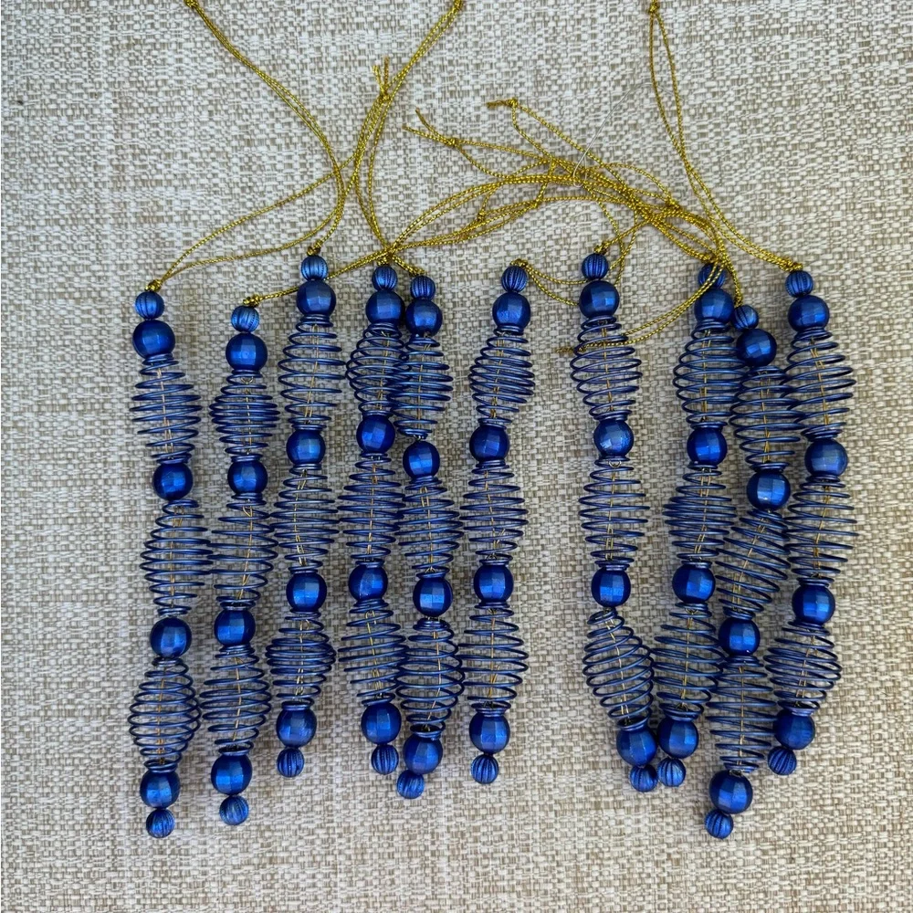 Lot of 10 Metallic Blue Metal Coil Bead Tree Hanging Ornaments 6”